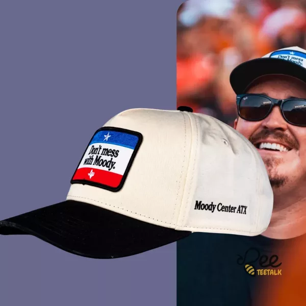 Moody Center ATX Replica Don’t mess with Moody Hat worn by Shane Gillis at Texas Longhorns game 1 Lifestyle view of the Moody Center ATX Replica Don’t mess with Moody Hat worn by Shane Gillis at Texas Longhorns game