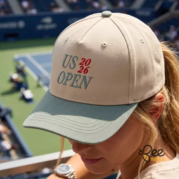Sage Green US Open 2026 Tennis Embroidered Baseball Cap Two-Tone Hat 1 Sage green US Open 2026 baseball cap displayed with tennis gear on clay