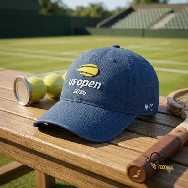 Navy blue US Open 2026 embroidered baseball cap on a tennis court bench