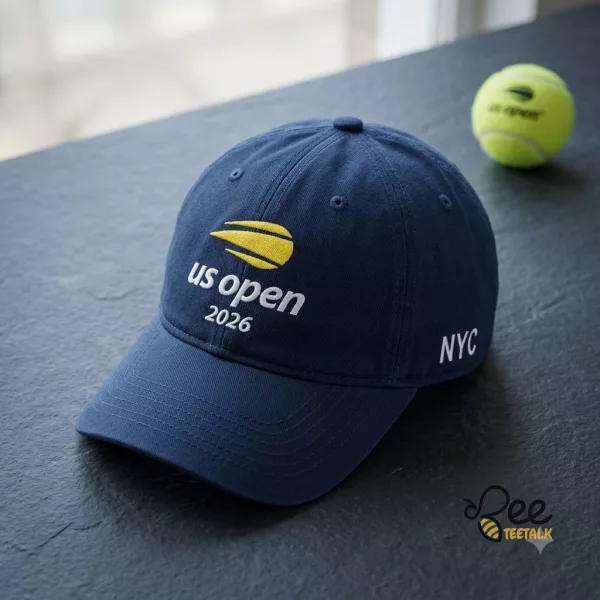Navy blue US Open 2026 embroidered baseball cap on a tennis court bench (Detail view #4)