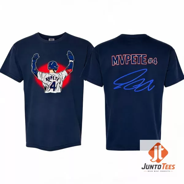 Front view of navy blue Chicago Cubs Pete Crow-Armstrong MVPETE 4 t-shirt showcasing the player illustration and pinstripe jersey graphic.