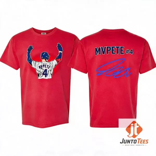 Back view of navy blue Chicago Cubs Pete Crow-Armstrong MVPETE 4 t-shirt featuring bold MVPETE 4 lettering and a blue signature detail.