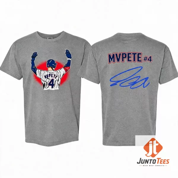 Front view of navy blue Chicago Cubs Pete Crow-Armstrong MVPETE 4 t-shirt showcasing the player illustration and pinstripe jersey graphic. (Detail view #3)