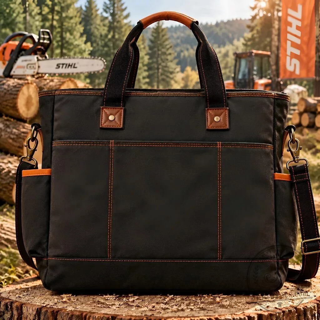STIHL 100 Years Anniversary Canvas Tote Bag 1926-2026 5 Black canvas tote bag with orange anniversary panel featuring STIHL logo, mountain landscape, chainsaw graphic and Legacy Powers Tomorrow text