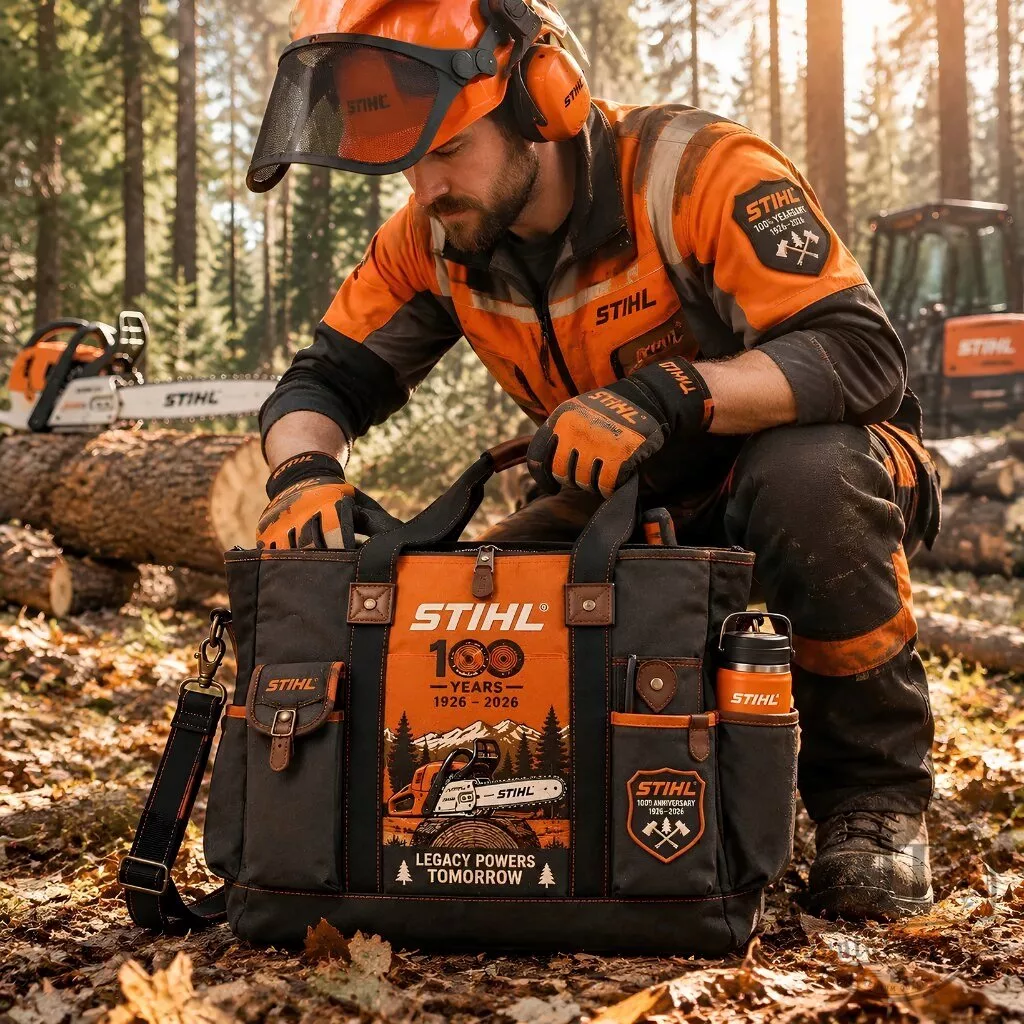 STIHL 100 Years Anniversary Canvas Tote Bag 1926-2026 6 Black canvas tote bag with orange anniversary panel featuring STIHL logo, mountain landscape, chainsaw graphic and Legacy Powers Tomorrow text