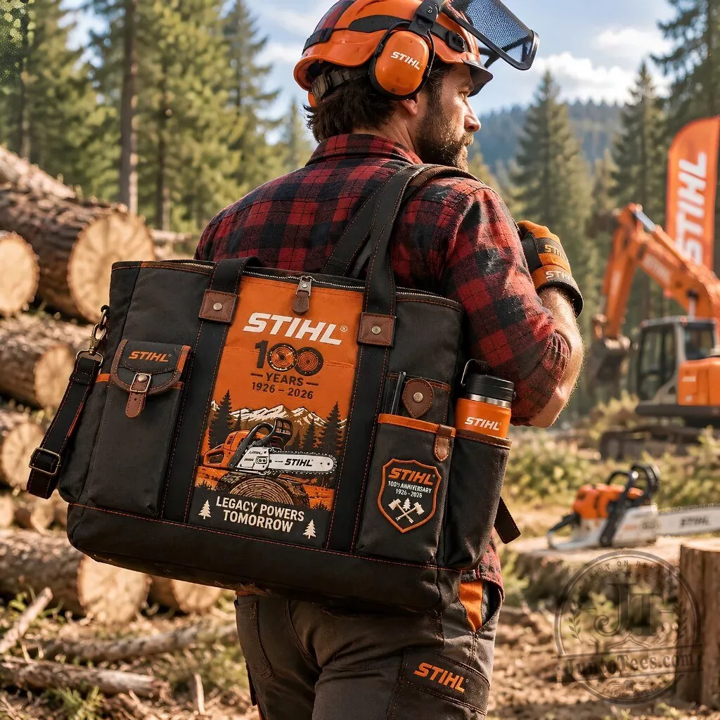 STIHL 100 Years Anniversary Canvas Tote Bag 1926-2026 7 Black canvas tote bag with orange anniversary panel featuring STIHL logo, mountain landscape, chainsaw graphic and Legacy Powers Tomorrow text