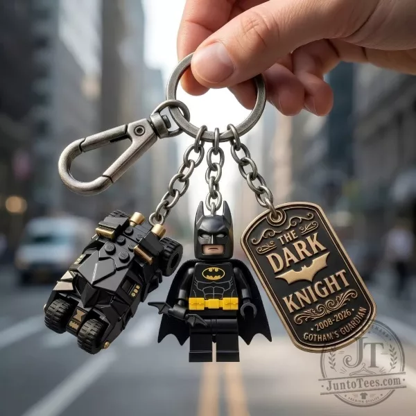 Batman Dark Knight Minifigure Keychain with Batmobile and Dog Tag Charms