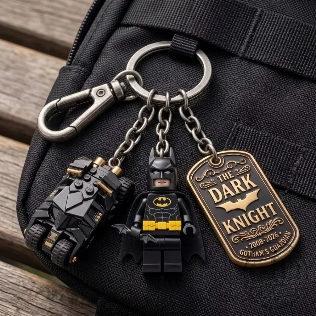 Batman Dark Knight Minifigure Keychain with Batmobile and Dog Tag Charms 3 Batman minifigure keychain with black cape and yellow bat symbol, Batmobile charm, and bronze dog tag reading The Dark Knight Gothams Guardian