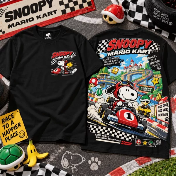 Snoopy Mario Kart Graphic Crew Neck Tee 1 Snoopy Mario Kart Graphic Crew Neck Tee