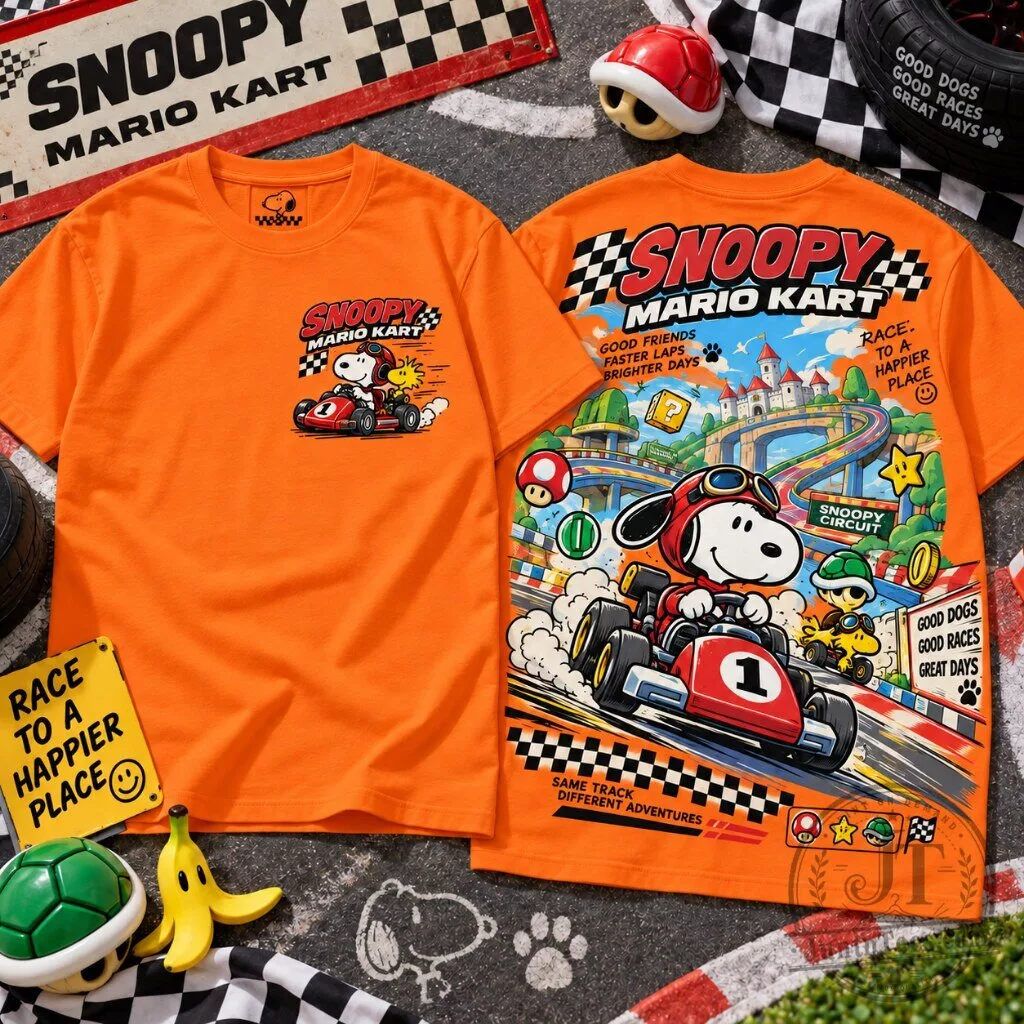 Snoopy Mario Kart Graphic Crew Neck Tee 8 Crew neck t-shirt with Snoopy Mario Kart graphic print, available in multiple colors with front and back design