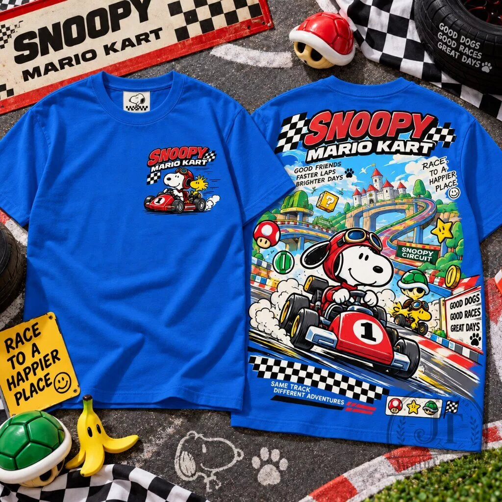 Snoopy Mario Kart Graphic Crew Neck Tee 9 Crew neck t-shirt with Snoopy Mario Kart graphic print, available in multiple colors with front and back design