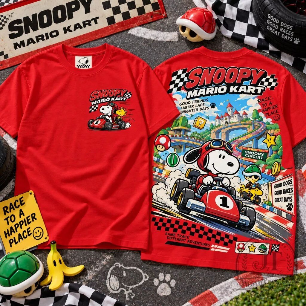 Snoopy Mario Kart Graphic Crew Neck Tee 11 Crew neck t-shirt with Snoopy Mario Kart graphic print, available in multiple colors with front and back design